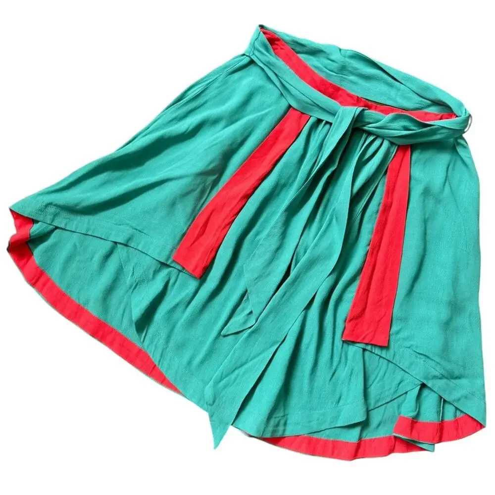 Umgee Colorblock Teal & Coral Asymmetrical Layered Mini Skirt Size Large
